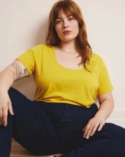 Yellow Scoop Neck Tee - Premium Stretch Cotton Slim Fit Basic Top