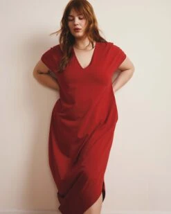 Ruby Red V-Neck Cotton Everyday Dress - Iconic Geneva