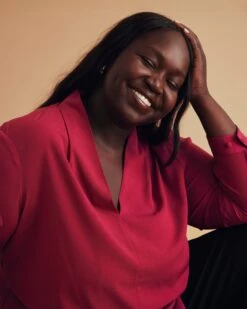 Elegant Cerise V-Neck Long Sleeve Blouse for Professional Workwear