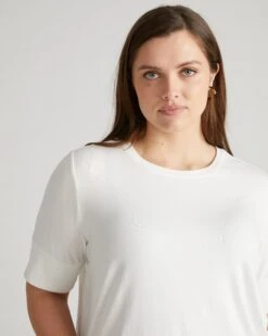White Liquid Jersey Elbow Sleeve Tee - Aimee Rib Hem Top