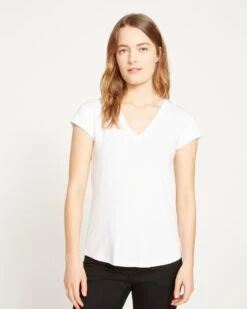 White V Neck Cap Sleeve Tee - Premium Pima Cotton Blend 16 White V Neck Cap Sleeve Tee - Premium Pima Cotton Blend -UNIVERSAL STANDARD Ashley V Neck Tee White USTO0567V 025 001 002