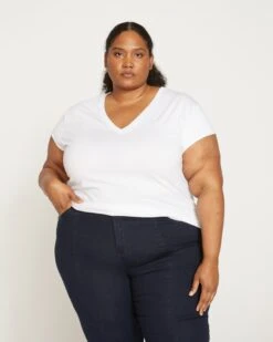 White V Neck Cap Sleeve Tee - Premium Pima Cotton Blend