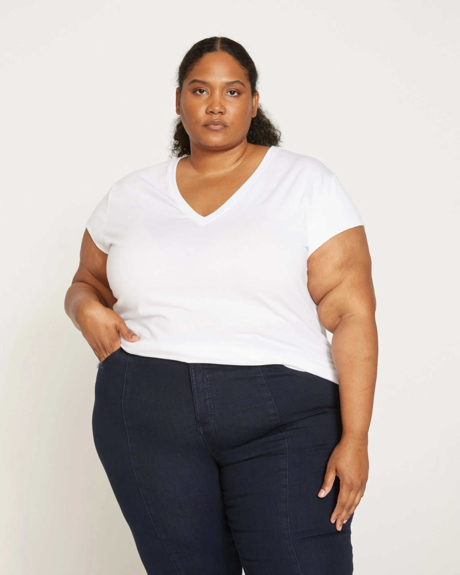 White V Neck Cap Sleeve Tee - Premium Pima Cotton Blend 3 White V Neck Cap Sleeve Tee - Premium Pima Cotton Blend