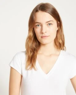 White V Neck Cap Sleeve Tee - Premium Pima Cotton Blend 17 White V Neck Cap Sleeve Tee - Premium Pima Cotton Blend -UNIVERSAL STANDARD Ashley V Neck Tee White USTO0567V 025 002 009