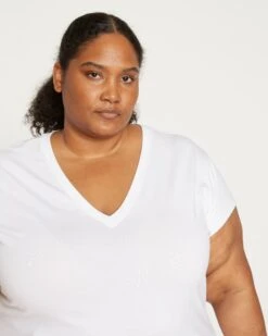 White V Neck Cap Sleeve Tee - Premium Pima Cotton Blend 13 White V Neck Cap Sleeve Tee - Premium Pima Cotton Blend -UNIVERSAL STANDARD Ashley V Neck Tee White USTO0567V 025 002 674