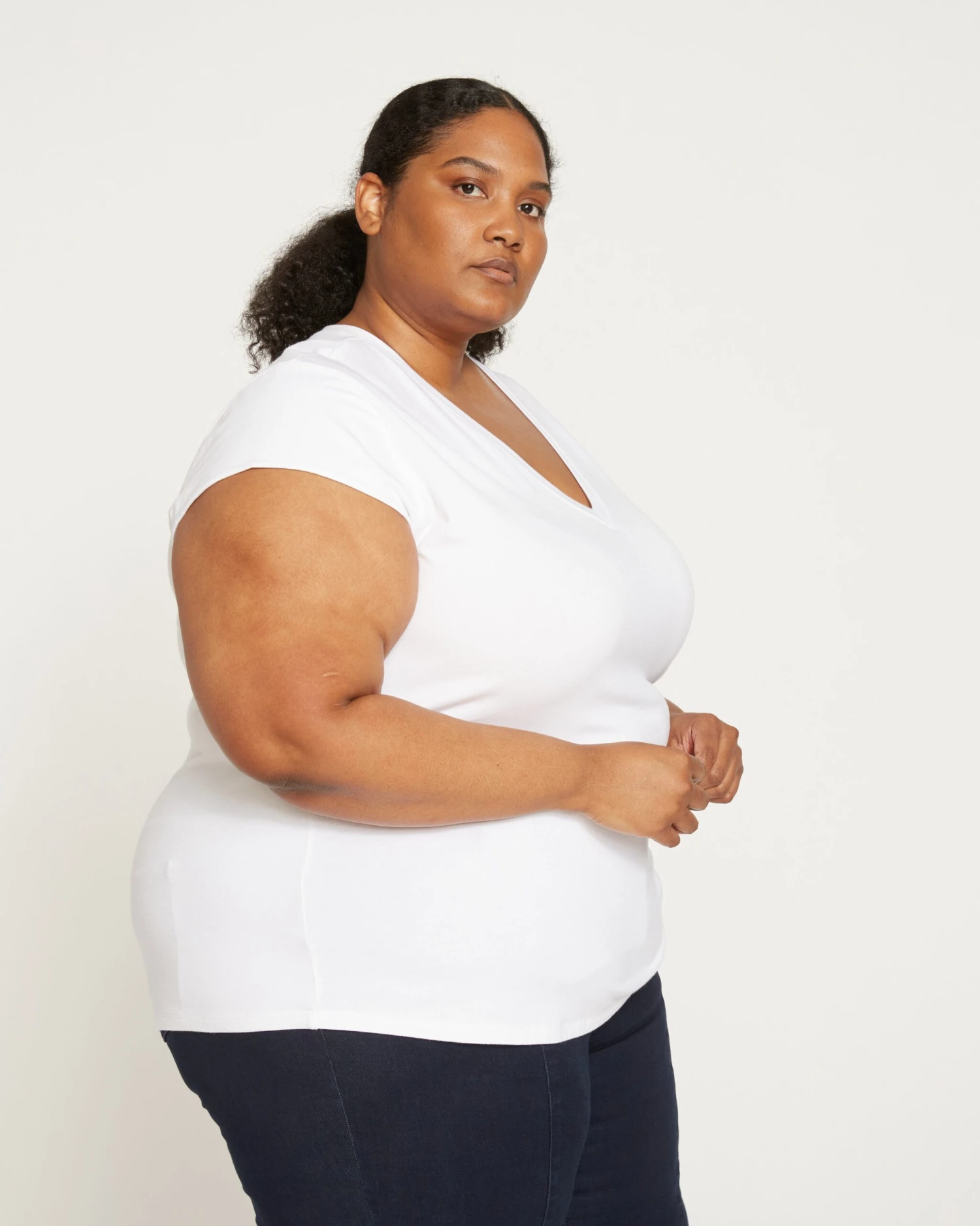 White V Neck Cap Sleeve Tee - Premium Pima Cotton Blend 6 White V Neck Cap Sleeve Tee - Premium Pima Cotton Blend - Image 4