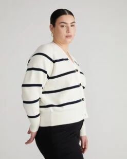 Soft Knit Striped Cardigan - Tailored Navy & White Sweater -UNIVERSAL STANDARD Better Than Wool Cardigan White Navy USSW1254 572 003 165
