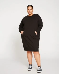Sweatshirt Dress with Pockets - Bree French Terry Hooded Dress in Black