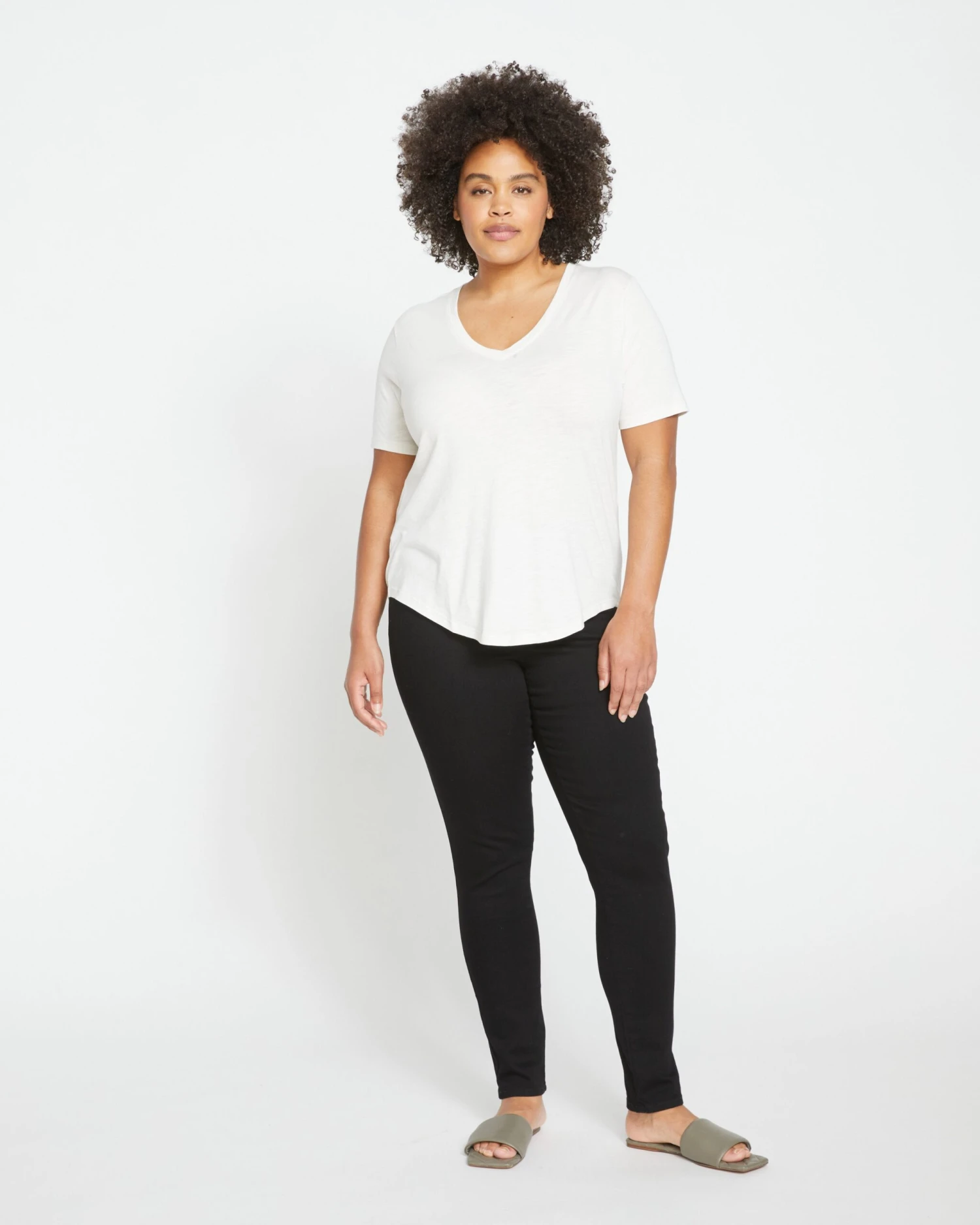 Lightweight V-Neck Cotton Tee - Semi-Sheer Curved Hem Top 4 Lightweight V-Neck Cotton Tee - Semi-Sheer Curved Hem Top - Image 2