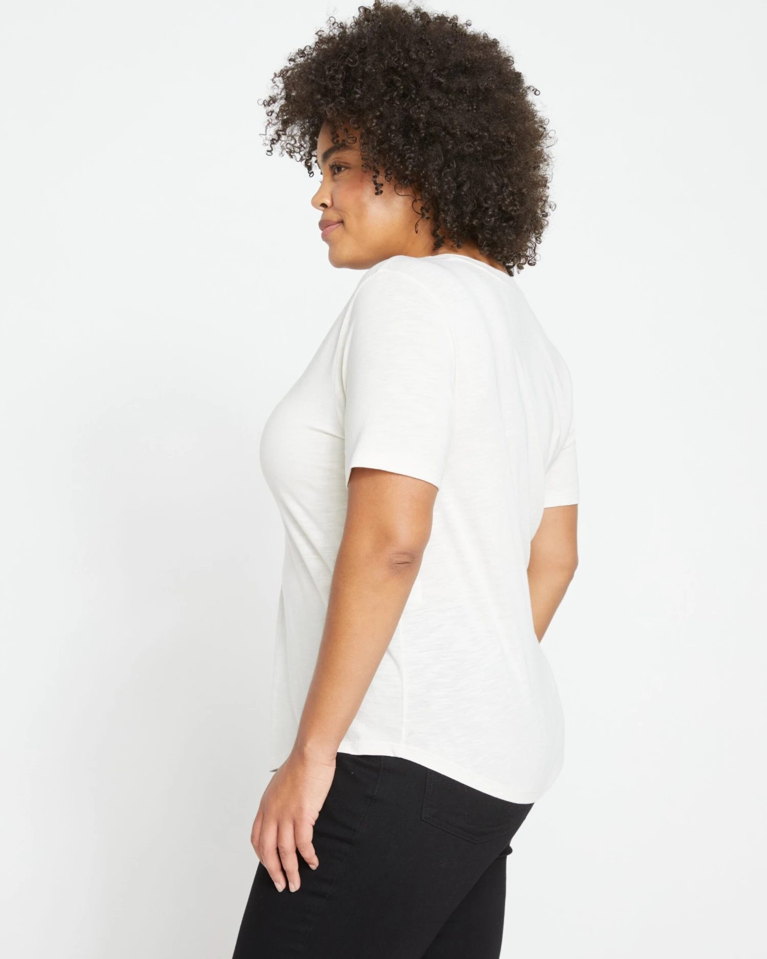Lightweight V-Neck Cotton Tee - Semi-Sheer Curved Hem Top 5 Lightweight V-Neck Cotton Tee - Semi-Sheer Curved Hem Top - Image 3
