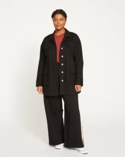 Stephanie Wide Leg Stripe Ponte Pants 30 Inch - Black With Ochre/White Stripe -UNIVERSAL STANDARD Classic Utility Jacket Black USOU0634B 001 002 001