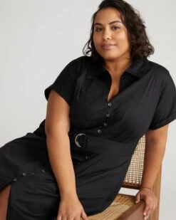 Black Stretch Poplin Shirtdress - Elegant A-Line Cotton Belted Dress