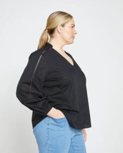 Saint-Honore Poplin Blouse - Elegant Black Stretch Cotton Top -UNIVERSAL STANDARD Cotton Poplin Spring BlouseBlackUSTO1314 001 003 018
