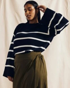 Bardot Wide Sleeve Cotton Sweater - Navy/White Striped Pullover