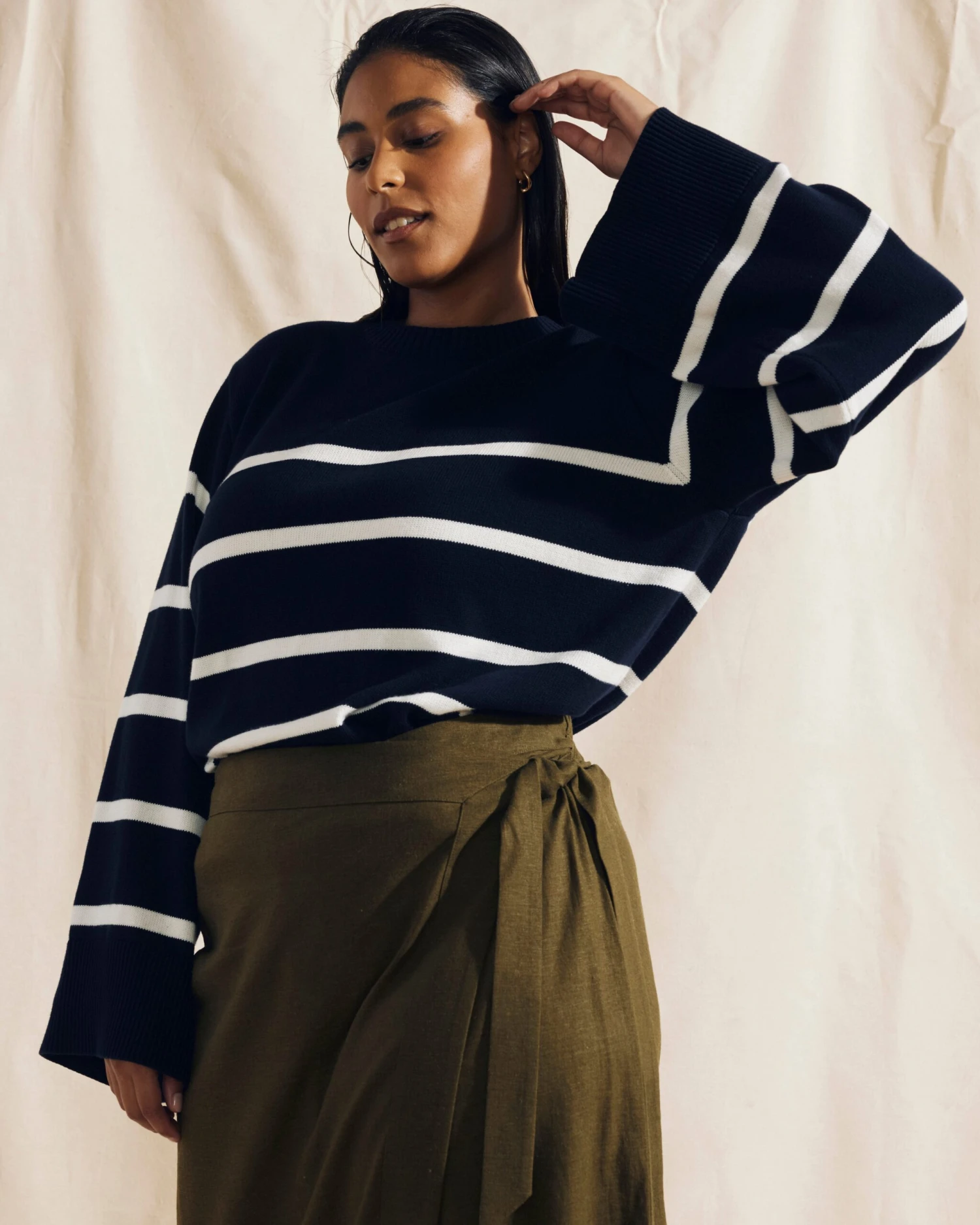 Bardot Wide Sleeve Cotton Sweater - Navy/White Striped Pullover 3 Bardot Wide Sleeve Cotton Sweater - Navy/White Striped Pullover