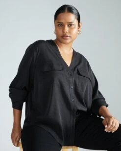 Cooling Stretch Cupro Button-Down Blouse - Black -UNIVERSAL STANDARD Editorial 008 007