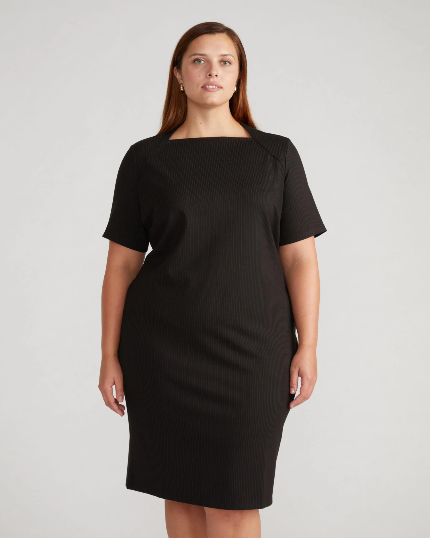 Envelope Neck Ponte Dress - Fine Grey Pinstripe 4 Envelope Neck Ponte Dress - Fine Grey Pinstripe - Image 2