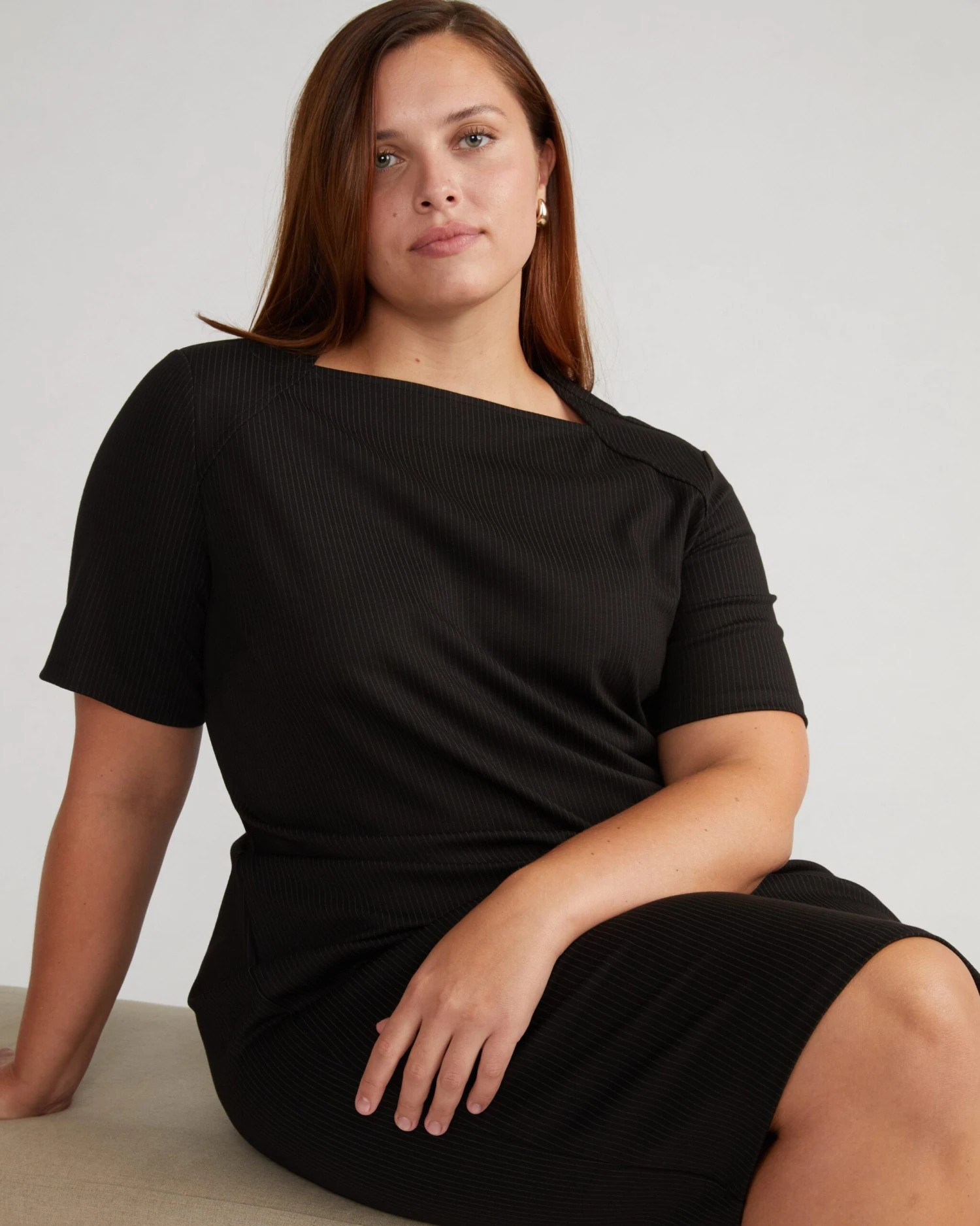 Envelope Neck Ponte Dress - Fine Grey Pinstripe 5 Envelope Neck Ponte Dress - Fine Grey Pinstripe - Image 3