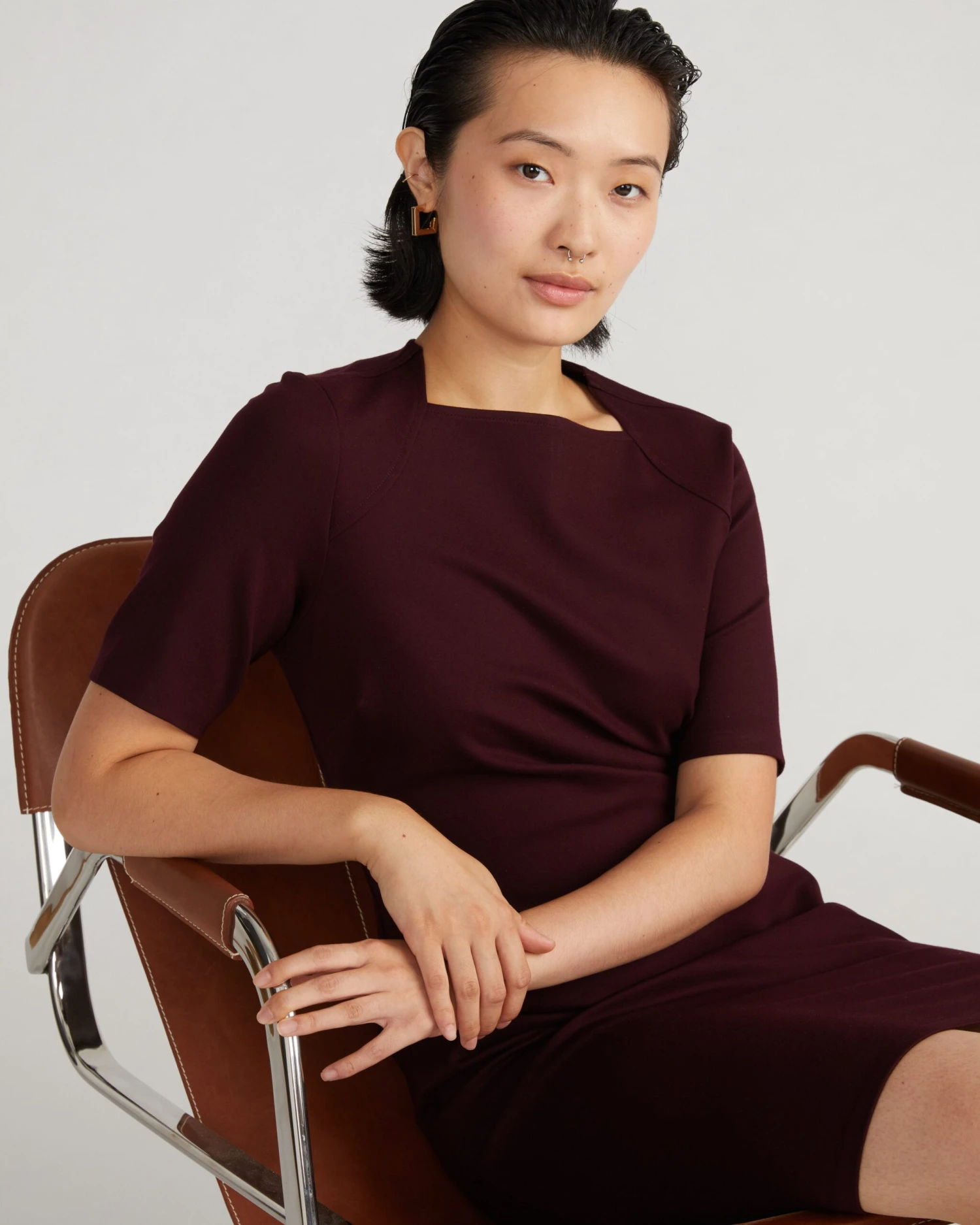 Envelope Neck Ponte Dress - Black Cherry 4 Envelope Neck Ponte Dress - Black Cherry - Image 2
