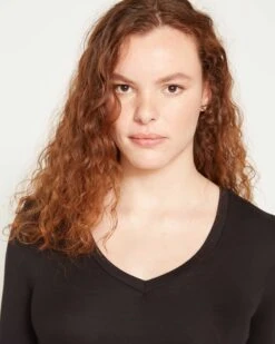 Slim Fit Black Long Sleeve V-Neck Tee - Sustainable Ribbed Jersey