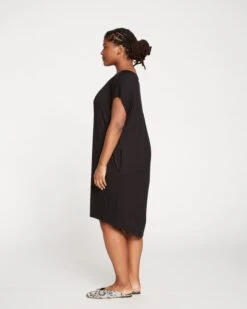 Black Liquid Jersey Cocoon Shift Dress with Pockets - Elegant Relaxed Fit -UNIVERSAL STANDARD Helen Liquid Jersey Shift Dress Black USDR0780 001 003 018