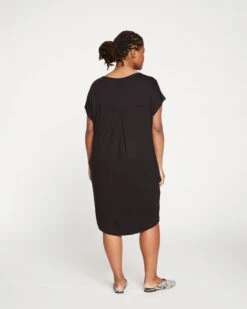 Black Liquid Jersey Cocoon Shift Dress with Pockets - Elegant Relaxed Fit -UNIVERSAL STANDARD Helen Liquid Jersey Shift Dress Black USDR0780 001 004 038