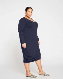 Midnight Blue Long Sleeve V-Neck Peruvian Cotton Geneva Dress -UNIVERSAL STANDARD IconicLongSleeveV NeckGenevaDressBaritoneBlueUSDR0373LV 454 003