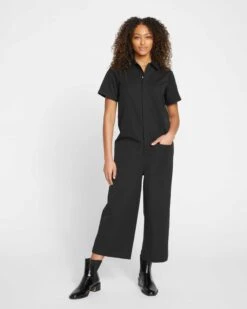 Black Stretch Cotton Twill Jumpsuit - Military Style Kate