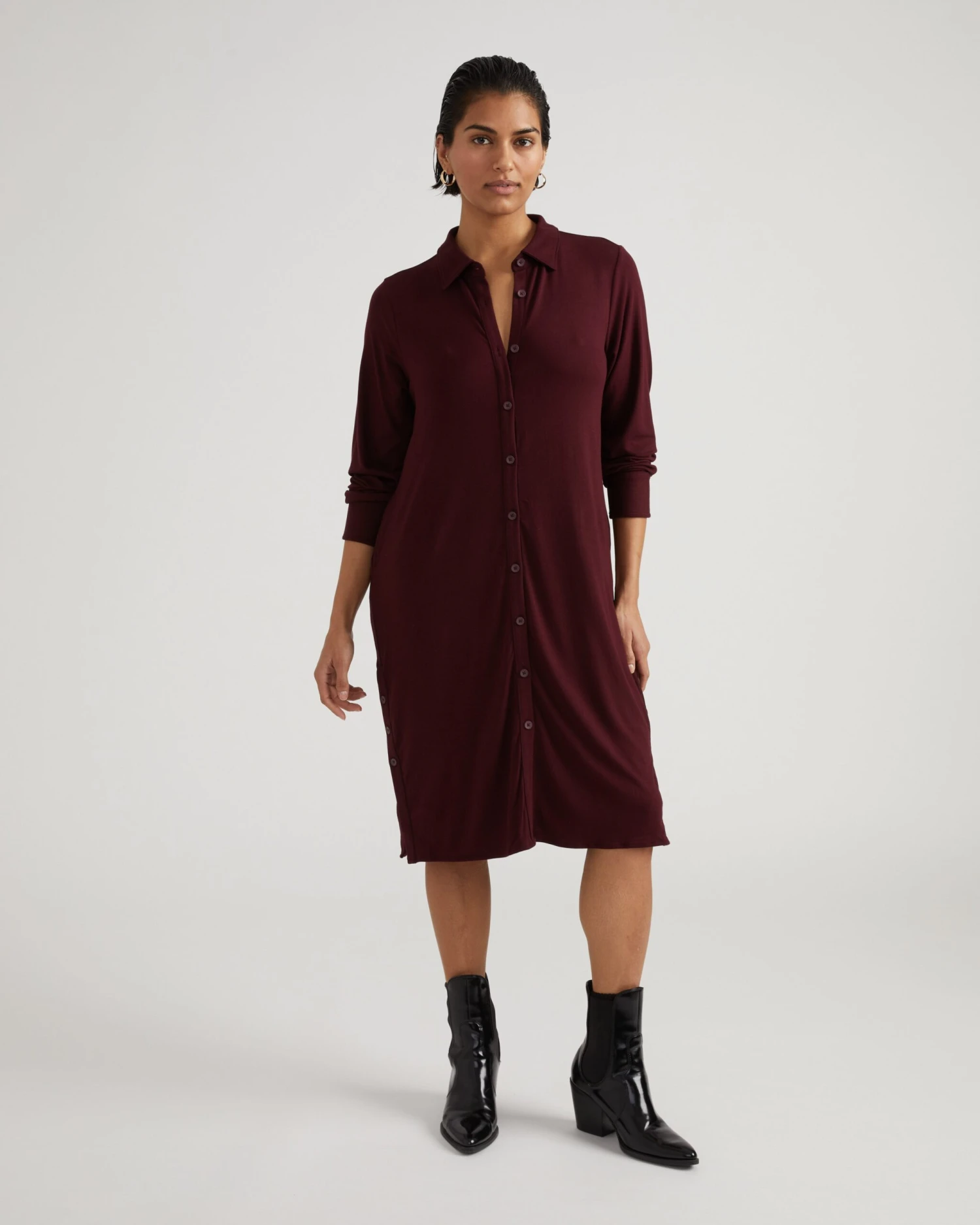 Universal Standard Marcie Liquid Jersey Shirt Dress - Black Cherry 3 Universal Standard Marcie Liquid Jersey Shirt Dress - Black Cherry