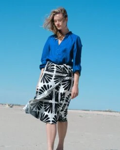 Linen Wrap Culottes - Ink Bloom Print Wide Leg Skirt Pants