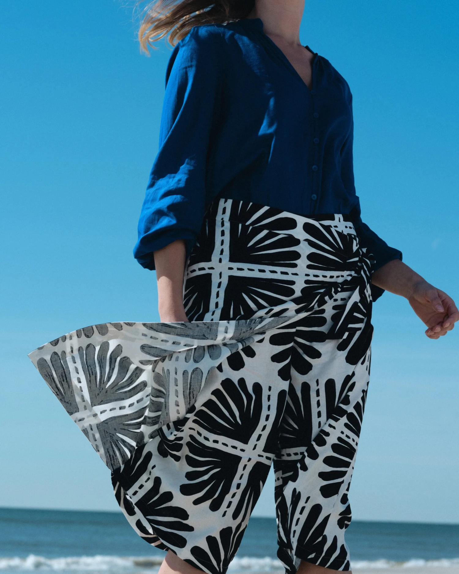 Linen Wrap Culottes - Ink Bloom Print Wide Leg Skirt Pants 8 Linen Wrap Culottes - Ink Bloom Print Wide Leg Skirt Pants - Image 6