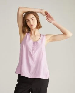 Lilac Linen Henley Tank - Lightweight Relaxed Fit Sleeveless Top