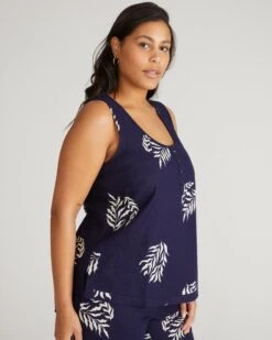 Linen Henley Tank Top - Breathable Navy Beachgrass Print Sleeveless -UNIVERSAL STANDARD Linen Henley Tank Navy Fern Dot USTO1894 878 003 003