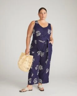 Navy Beachgrass Print Linen Jumpsuit - Matilda Stretch Fit
