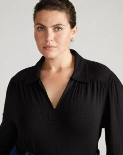 Black Liquid Jersey Blouse - Elegant Soft V-Neck Top