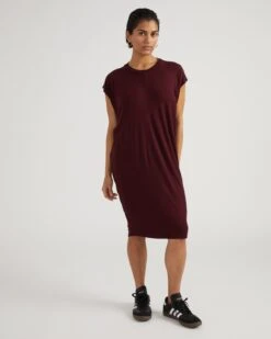 Carrea Relaxed Liquid Jersey Dress in Black Cherry - Ruched Workwear