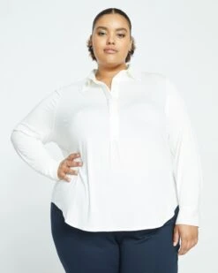 Elbe Popover Liquid Jersey Shirt Classic Fit - White -UNIVERSAL STANDARD Liquid Jersey Knit Elbe Shirt White USTO0391 025 001 007