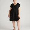 Black Liquid Jersey V-Neck Dress with Slimming Shirred Waist