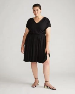 Black Liquid Jersey V-Neck Dress with Slimming Shirred Waist