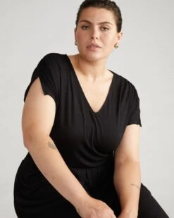 Black Liquid Jersey V-Neck Dress with Slimming Shirred Waist -UNIVERSAL STANDARD Liquid Jersey Piper Dress Black USDR1712 001 003 119