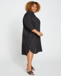 Seaside Stretch Linen High-Low Shirtdress in Black 10 Seaside Stretch Linen High-Low Shirtdress in Black -UNIVERSAL STANDARD Long Sleeve Linen Shirtdress Black USDR1087L 001 003 014