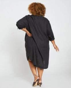 Seaside Stretch Linen High-Low Shirtdress in Black 11 Seaside Stretch Linen High-Low Shirtdress in Black -UNIVERSAL STANDARD Long Sleeve Linen Shirtdress Black USDR1087L 001 004 025