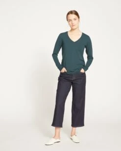 Premium Long Sleeve V-Neck Peruvian Cotton Tee - Deep Sea