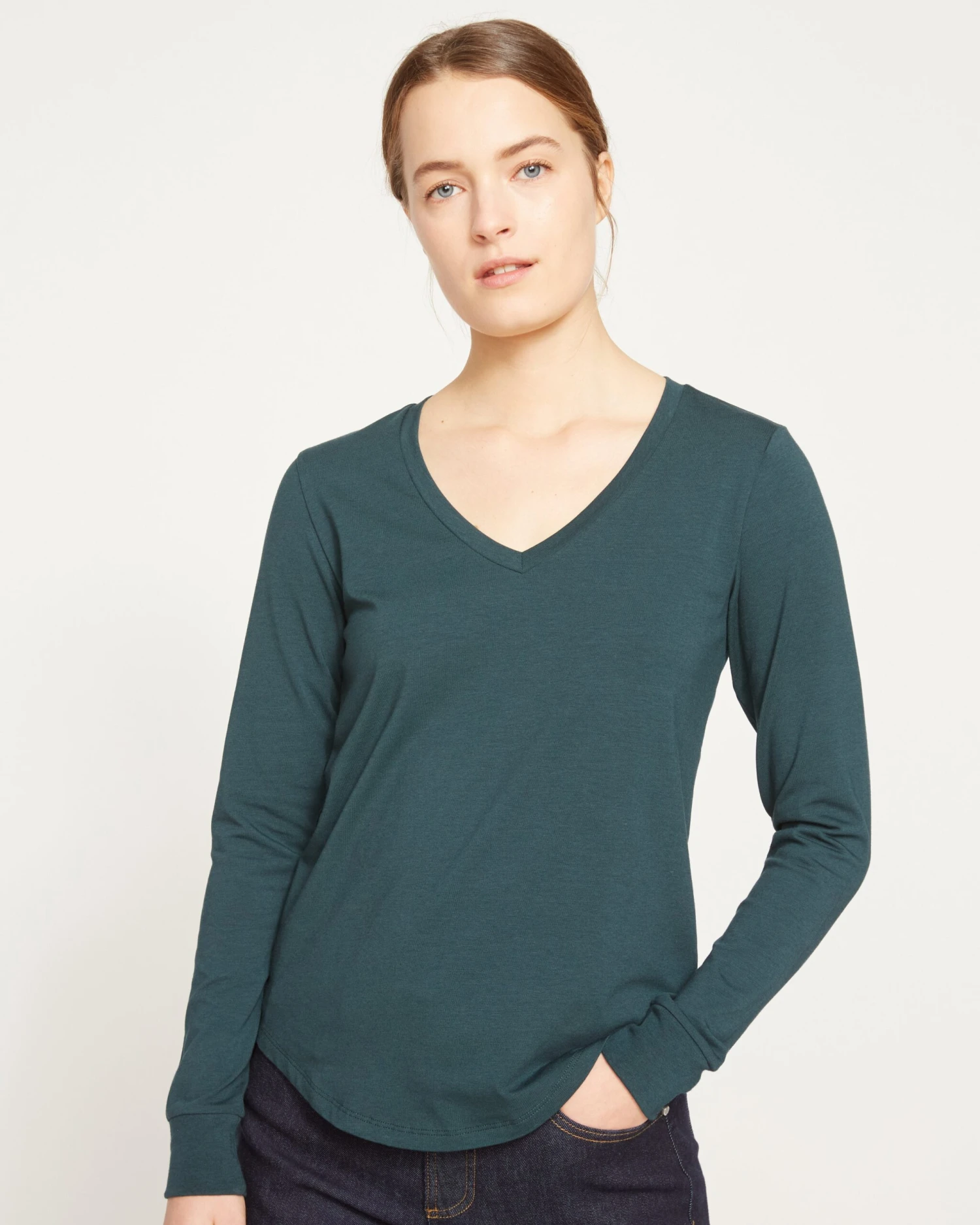 Premium Long Sleeve V-Neck Peruvian Cotton Tee - Deep Sea 4 Premium Long Sleeve V-Neck Peruvian Cotton Tee - Deep Sea - Image 2