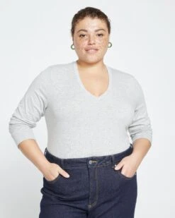 Premium Long Sleeve V-Neck Tee - Ultra Soft Heather Grey Cotton Blend