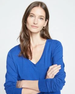 Long Sleeve V-Neck Peruvian Cotton Blend Top - Lapis