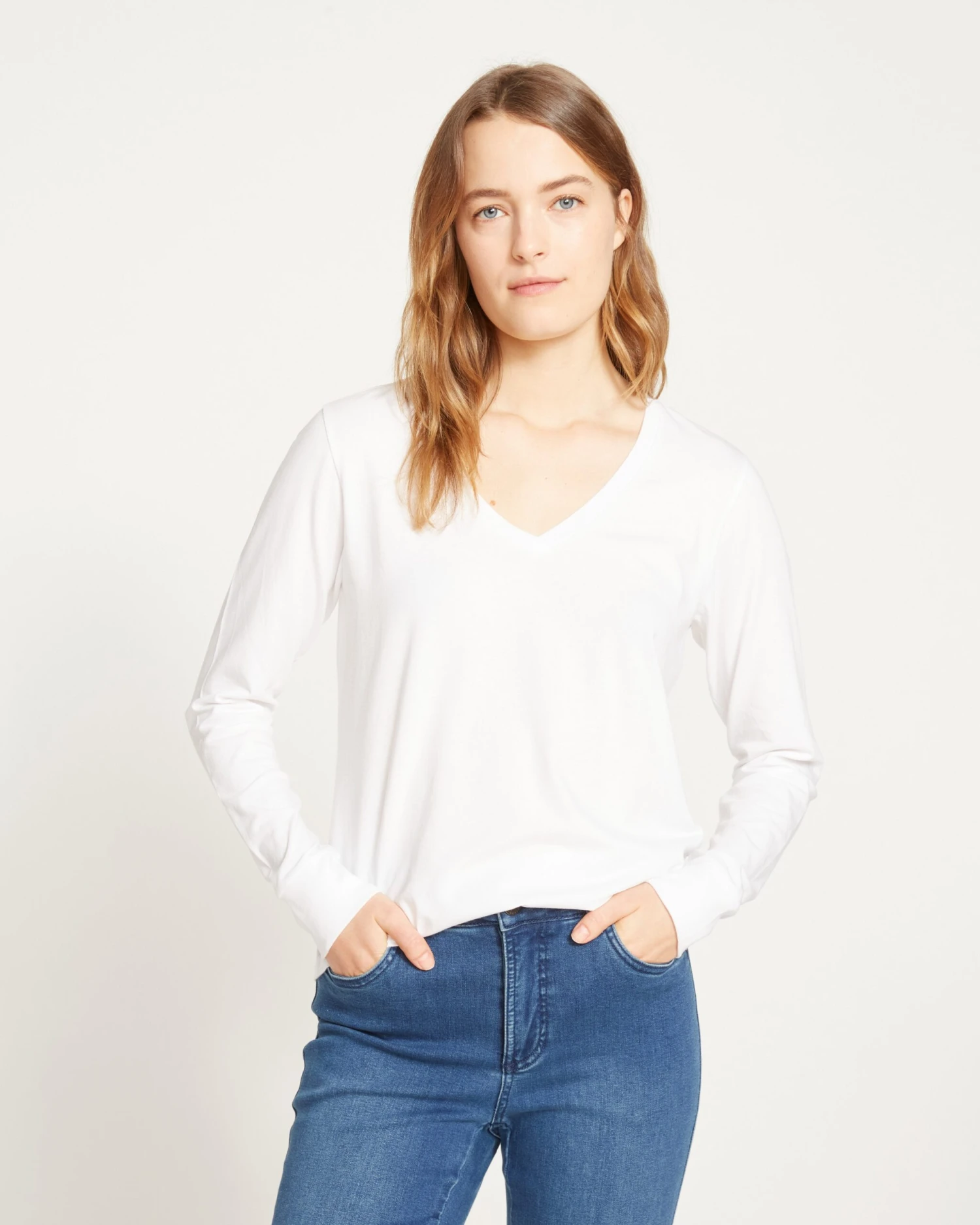 Women's Ultra Soft White V-Neck Long Sleeve Tee with Curved Hem 4 Women's Ultra Soft White V-Neck Long Sleeve Tee with Curved Hem - Image 2