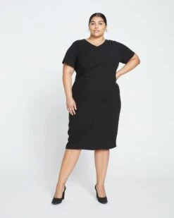 Black Column Workwear Dress - Stretch Double Luxe Fabric -UNIVERSAL STANDARD Mary Dress Black USDR0098 001 001 006