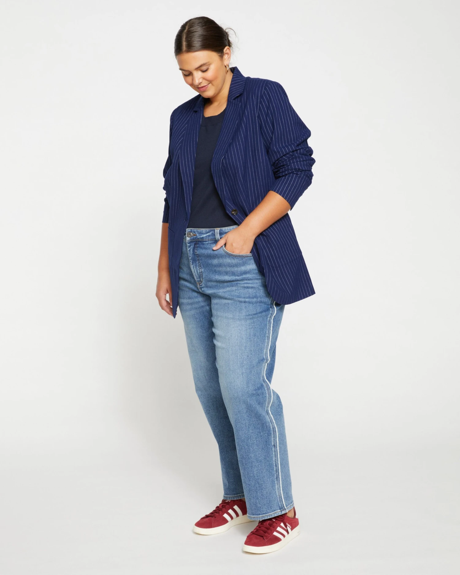 Elliot Mid Rise Tuxedo Stripe Straight Leg Jeans in Montana Blue