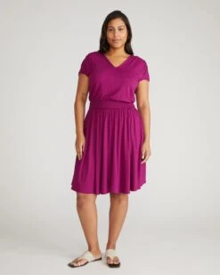 Purple Liquid Jersey V-Neck Dress with Flattering Shirred Waist -UNIVERSAL STANDARD Minetta Liquid Jersey Dress Rothko Purple USDR1712 729 001 843